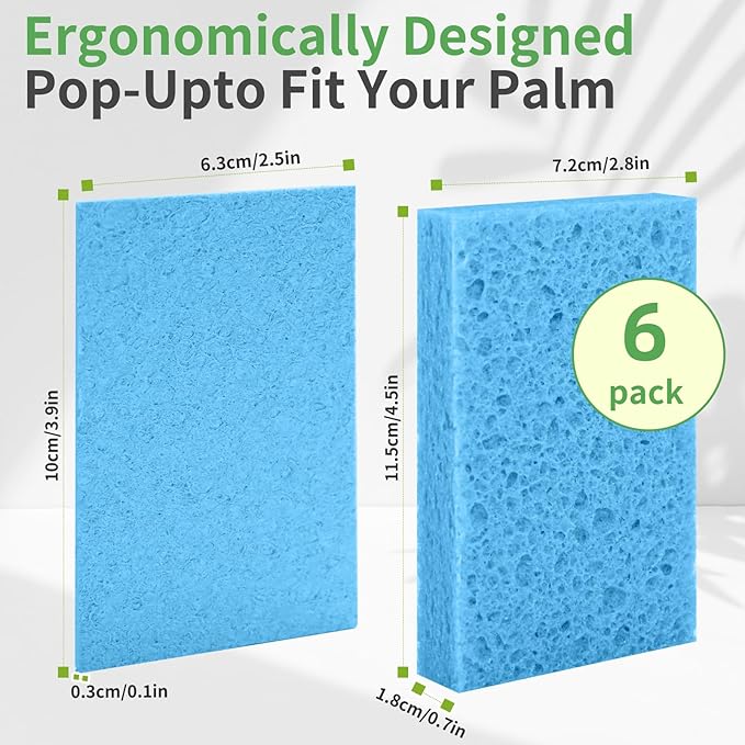 Non-Scratch Kitchen Sponges 6 PCS | Compressed Cellulose Sponges | Natural Biodegradable Sponge for Kitchen Dishes Bathroom Cars | DIY Cut-Outs