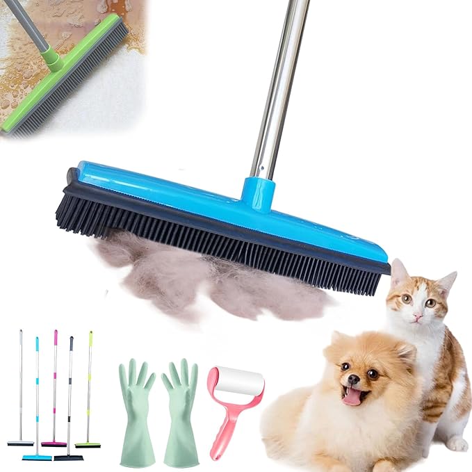 Pet Hair Rubber Broom, Rubber Broom for Pet Hair On Carpet, Pets Hairs Removal Broom with 49" Adjustable Handle, Soft Push Broom with Squeegee for Carpet, Hardwood Floor, Tile (A)