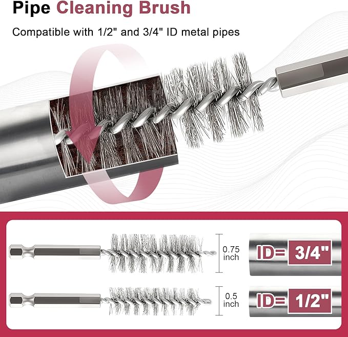 1/2" & 3/4" Copper Pipe Cleaner Set for Drill, with 1/4" Hex Shank & 6 Brush Blades & 2 Pipe Cleaning Brush, Plumbing Tools for Removing Rust, Stains & Paint from Copper & Metal Pipes, Red