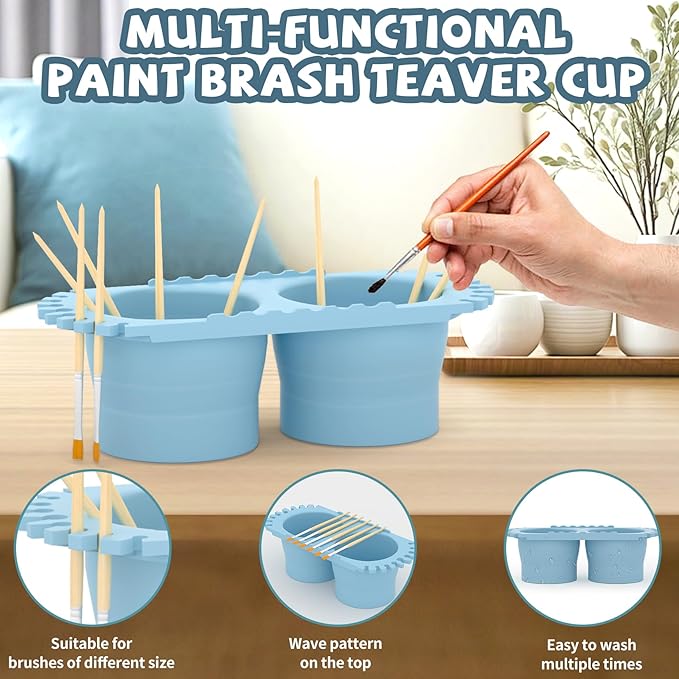 Paint Brush Cleaner Cup - Foldable Silicone Brush Cleaning Rinse Cup with Dual Cleaning Compartments and Brush Holder, Suitable for Acrylics, Watercolors, and All Art Supplies