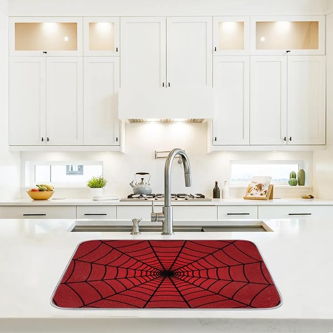 Dish Drying Mat for Kitchen Absorbent Drying Mat Reversible Dish Drying Pad Dish Drying Mats for Kitchen Counter Utensils Pots Water Cup Spiders Red Web