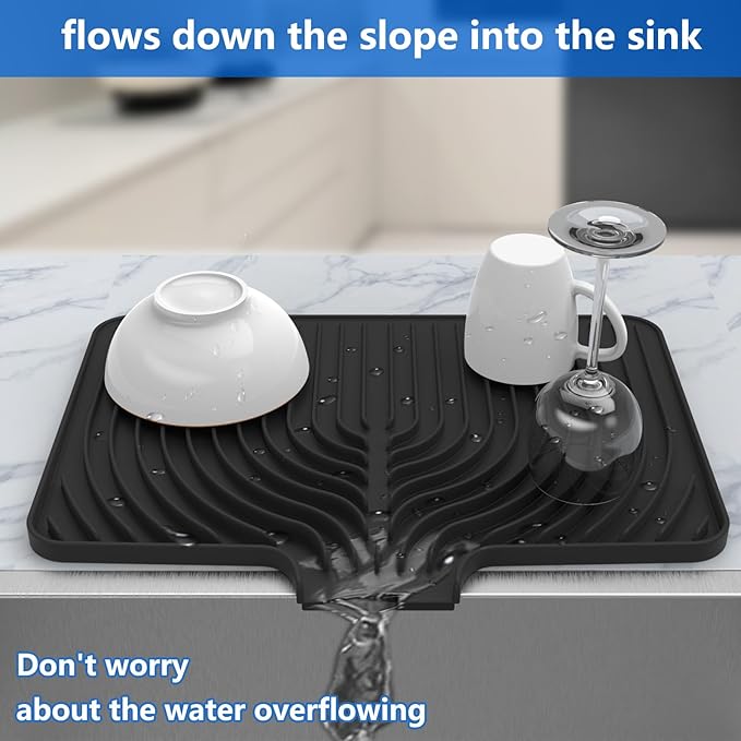 Dish Drying Matt for Kitchen Counter,10"14"18"20"Silicone Dry Rack Mat with Built in Drain, Kitchen Dry Mats for Dishes Drying Pad for Counter(18"×12"black)