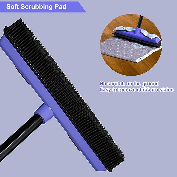 Carpet Brush for Pet Hair Remover, Rubber Broom for Pet Hair on Carpet with Telescoping 60.2 Inches Long Handle for Cleaning Fur Rug, Hardwood Floor, Tile, Window