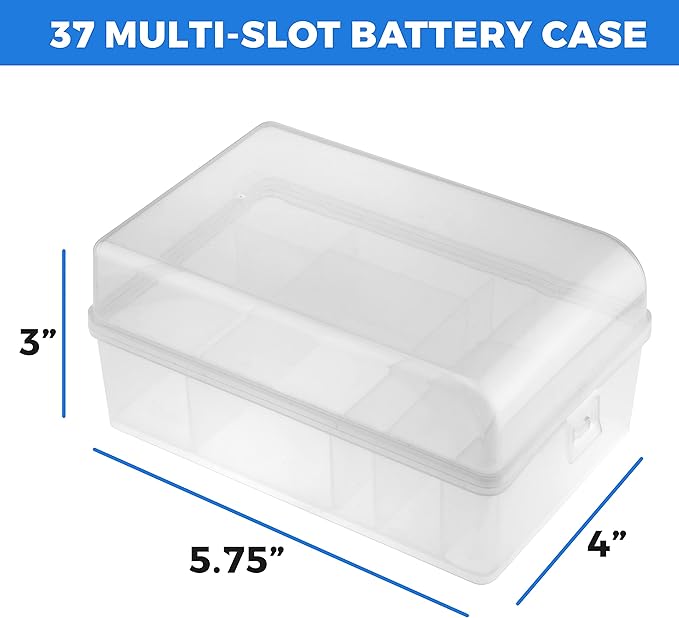 GlossyEnd Set of 2, 37 Slot Multi Battery Storage Box, Battery Storage Case, Battery Holder, Stores: 15 AA Batteries, 12 AAA Batteries, 6 C Batteries, 2 D Batteries and 2 9V Batteries, Clear