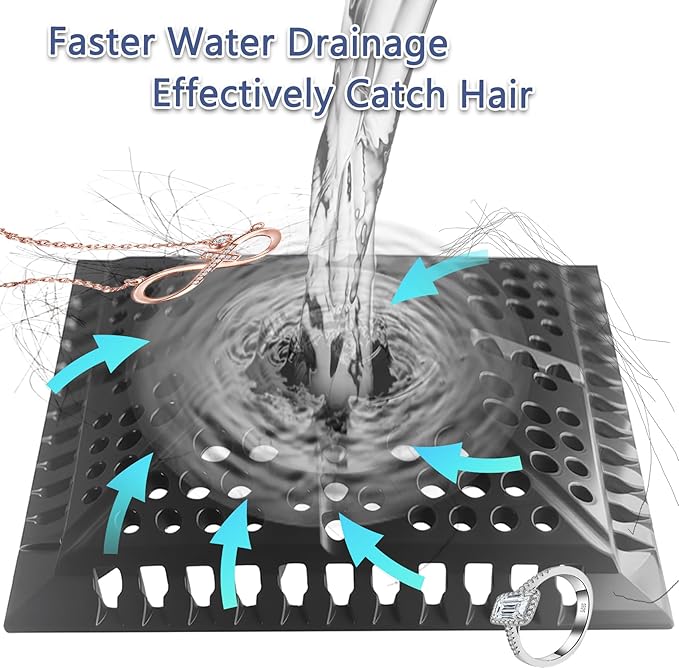 Shower Drain Hair Catcher, Square Silicone Shower Drain Cover for 4in Shower Room Floor Drain Protector, Dark Grey