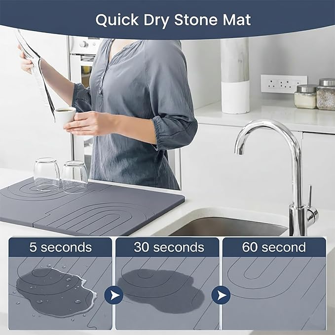 Stone Drying Mat for Kitchen Counter with 5 Wooden Feet, Dark Gary 19.7"×14.7" Diatomaceous Earth Dish Drying Mat, Elevated Drying Stone Mat for Modern Kitchen Countertop (Light Gray, Small)