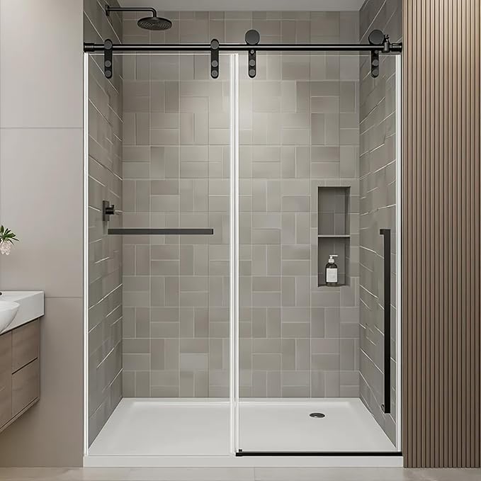 Frameless Sliding Shower Door, 44-48" W x 76" H Shower Glass Door, 5/16"(8mm) Tempered Glass Shower Doors for Walk in Shower with Explosion-Proof Film, Stainless Steel Hardware, Matte Black
