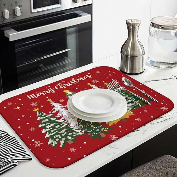 Christmas Kitchen Countertop Dish Drying Mat, Red Christmas Tree Snowflake Pattern Microfiber Kitchen Drying Mat, Washable Absorbent Countertop Xmas Winter Holiday Dish Mat Drainer,18x24Inch