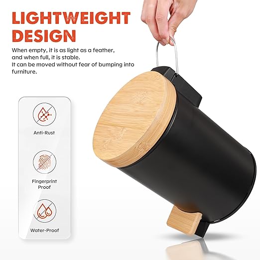 Small Bathroom Trash Can with Natural Bamboo Lid Soft Close，3 Liter / 0.8 GallonStainless Steel Garbage Can with Removable Inner Bucket andStep Pedal（Black）