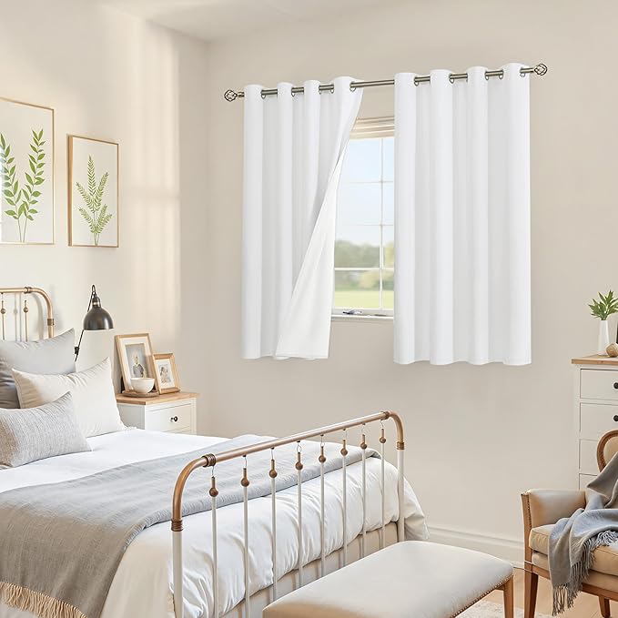 YoungsTex White Linen Blackout Curtains 45 Inch Length for Bedroom, Full Room Darkening Short Window Drapes with Grommet Thermal Insulated for Kitchen Farmhouse, 2 Panels, 52 X 45 Inch