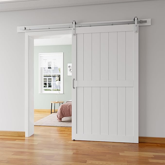 48''x84'' Sliding Barn Door with 8 Ft Brushed Nickel Hardware Kit& Handle& Floor Guides,Pre-Drilled Holes Easy Assembly - Include Installation Manual, Water-Proof PVC Surface, H-Frame