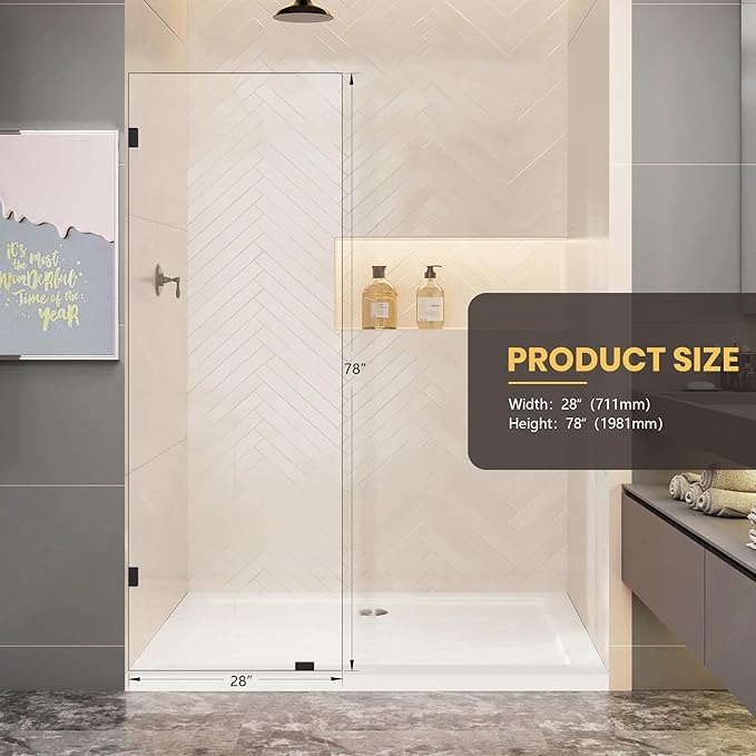 28" W x 78" H Frameless Shower Glass Panel, Single Fixed Shower Panel Screen with Clamps, 5/16"(8mm) Clear Tempered Glass, Bathroom Shower Doors Fixed Shower Glass Door Panel in Matte Black