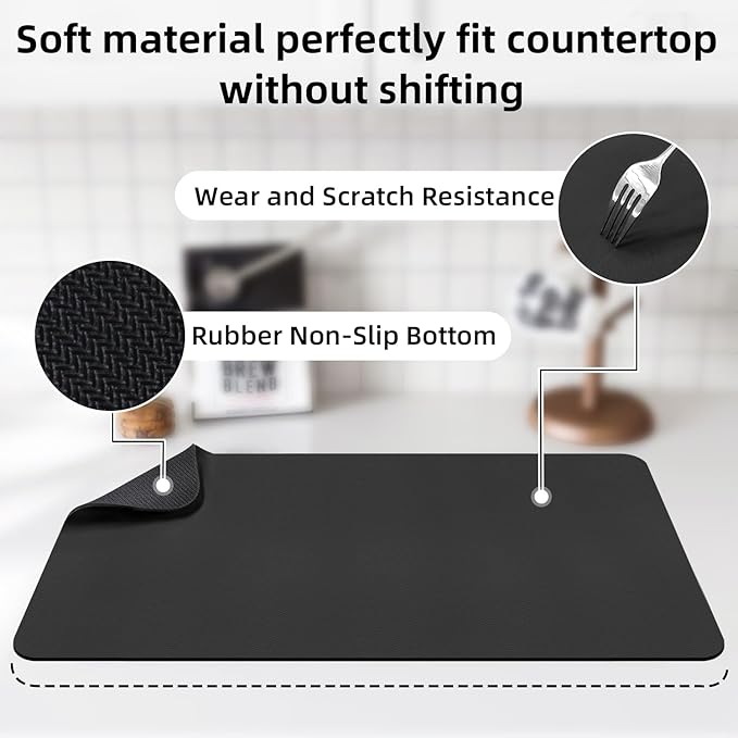LOPNUR Kitchen Dish Drying Mat, 24"x16" Large Dish Drying Mats for Kitchen Counter, Super Absorbent Dish Drying Pad, Diatomite Coffee Mat Heat Resistant Mat with Anti-slip Rubber Backed, Black
