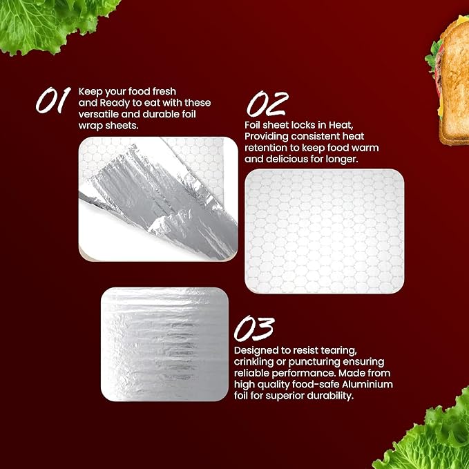 100 Packs Heavy Duty Insulated Aluminum Foil Sheets – 14" x 10.3" Disposable Food Wraps for Sandwiches, Burritos, BBQ, Burgers, Hot & Cold Food