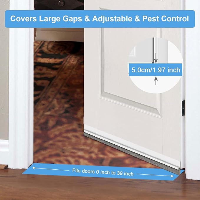 39-inch Door Draft Stopper with Brush - Adhesive Weather Stripping Seal for Exterior/Interior Doors | Under Door Sweep Blocks Drafts, Noise & Dust | Fits 1/4"-1" Gaps(White)