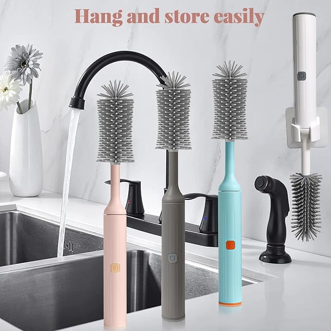 Electric Cleaning Brush with USB Rechargeable Electric Bottle Brush Cleaner and 3 Replaceable Silicone Bottle Brushes and Straw Cleaner Brush,Perfect Baby Gifts and Kitchen Brushes(Pink)