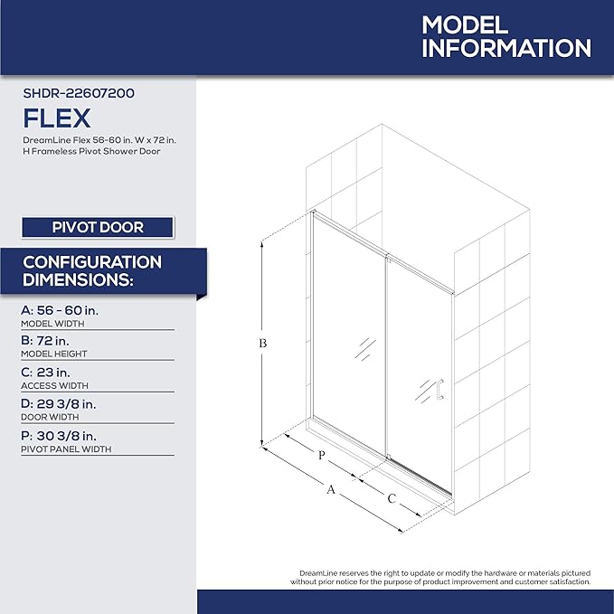 DreamLine Flex 56-60 in. W x 72 in. H Semi-Frameless Pivot Shower Door in Brushed Nickel, SHDR-2260720-04