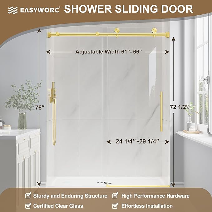 Frameless Glass Shower Door, 61-66" W x 76" H Sliding Frameless Shower Door, 1/4''(6mm) SGCC Tempered Glass, Explosion-Proof Film Nano Coating, Stainless Steel Hardware, Brushed Gold