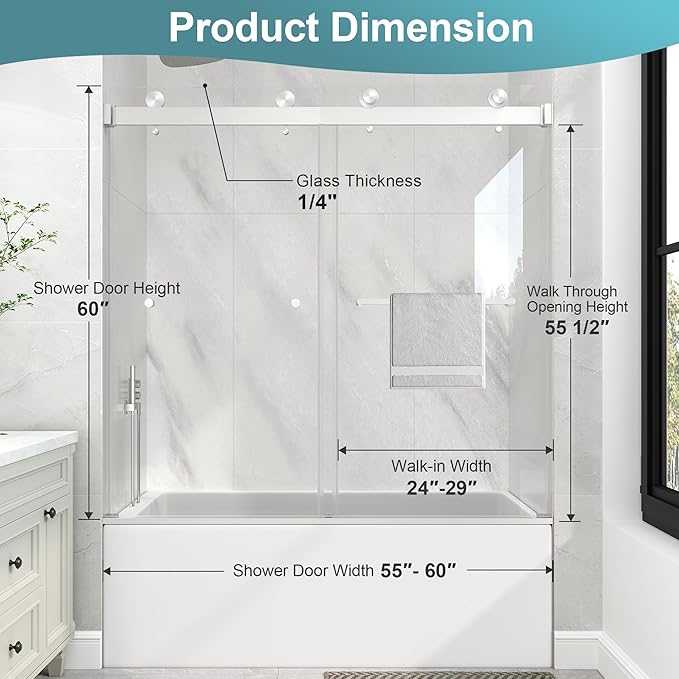 KPUY Frameless Tub Shower Door, 55-60" W x 60" H Double Sliding Bathtub Door, 1/4" (6mm) Thick Tempered Clear Glass with Explosion-Proof Film Nano Coating, Brushed Nickle