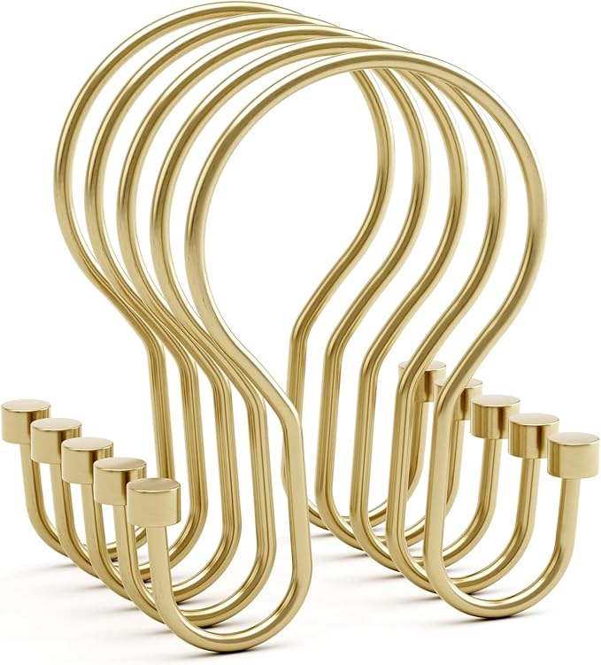 AmazerBath Shower Curtain Hooks, Shower Curtain Rings with Cylindrical Design, Light Gold Shower Curtain Hooks Rust Proof, Metal Double Hook Shower Hooks for Shower Curtain