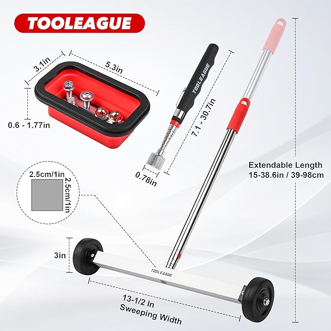 TOOLEAGUE 17" Rolling Magnetic Sweeper with Wheels,Telescoping Adjustable Handle,10Lb Capacity Magnet Roller,Magnetic Foldable Tray,15Lb Pickup Pen,3Pcs Magnet Sweeper Set