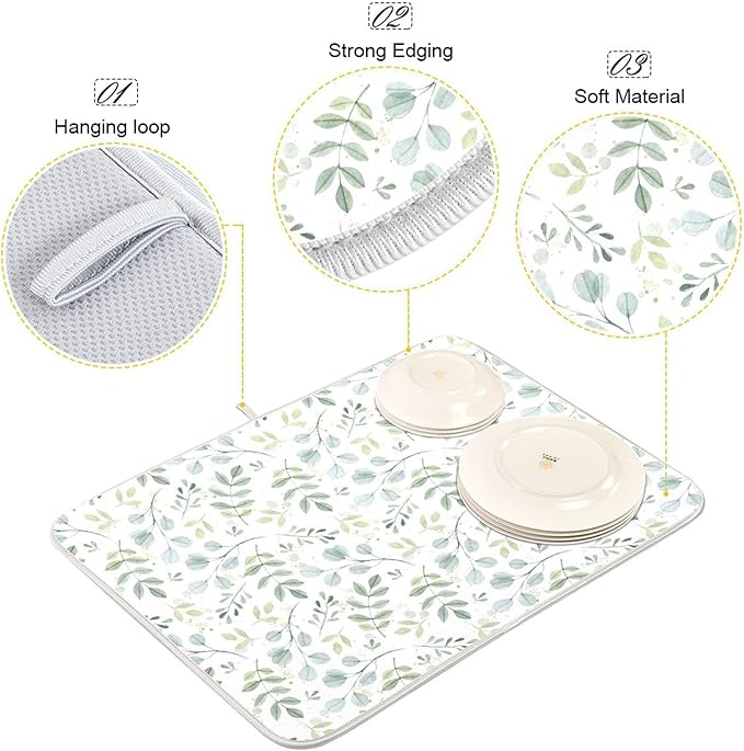 Eucalyptus Leaves Dish Drying Mat for Kitchen Countertop 16x18 Green Small Drying Mat Reusable Quick Dry Dish Sink Mats Easy Clean Decorative Essentials