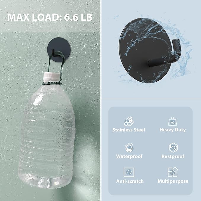 VIS'V Adhesive Hooks, Small Metal Shower Wall Stick on Hooks, Waterproof, 2 Extra Adhesive Strips, Round, Black, 4 Pcs
