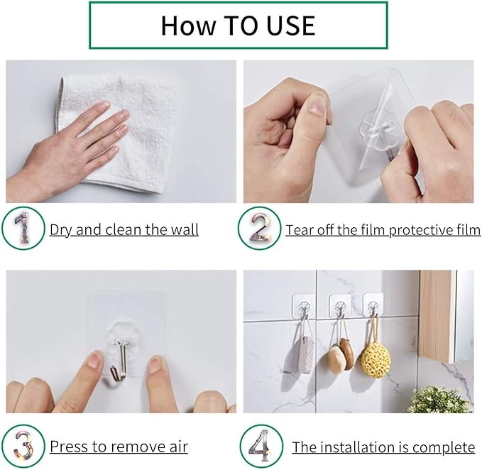 Adhesive Hooks Utility Hooks 44 lb/ 20 kg(Max), Heavy Duty Coat Hooks Waterproof and Oilproof Seamless Hooks, Reusable Wall Hook for Bathroom Kitchen