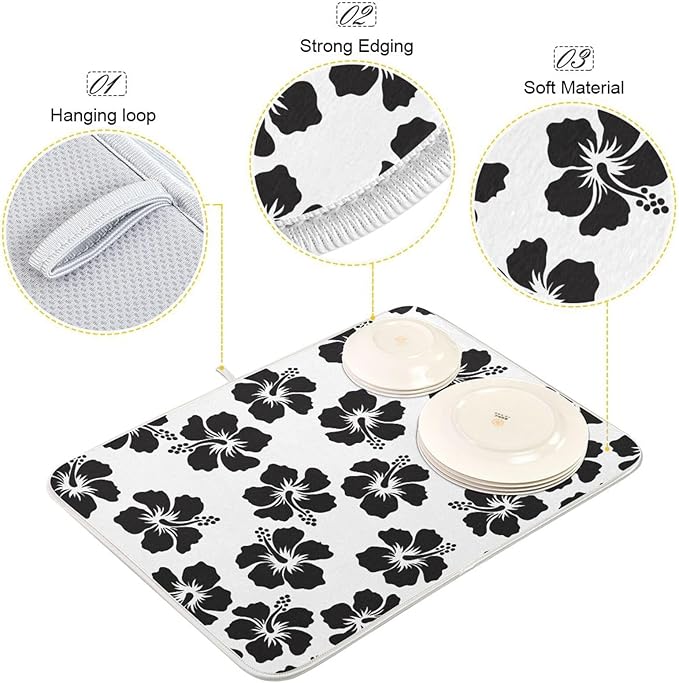 Tropical Hawaiian Hibiscus Flowers Dish Drying Mat for Kitchen Counter Absorbent Microfiber Drying Pad, Medium 16x18 in