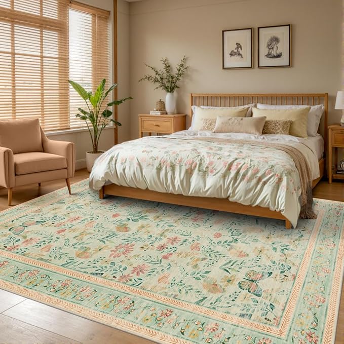 Floral Rug for Living Room Bedroom, 8x10 Washable Rug, Green Vintage Boho Area Rug, Large Non Slip Low Pile Wool Carpet for Indoor Dining Room,Girls Room,Nursery Room and Kids Room(Green 8x10)