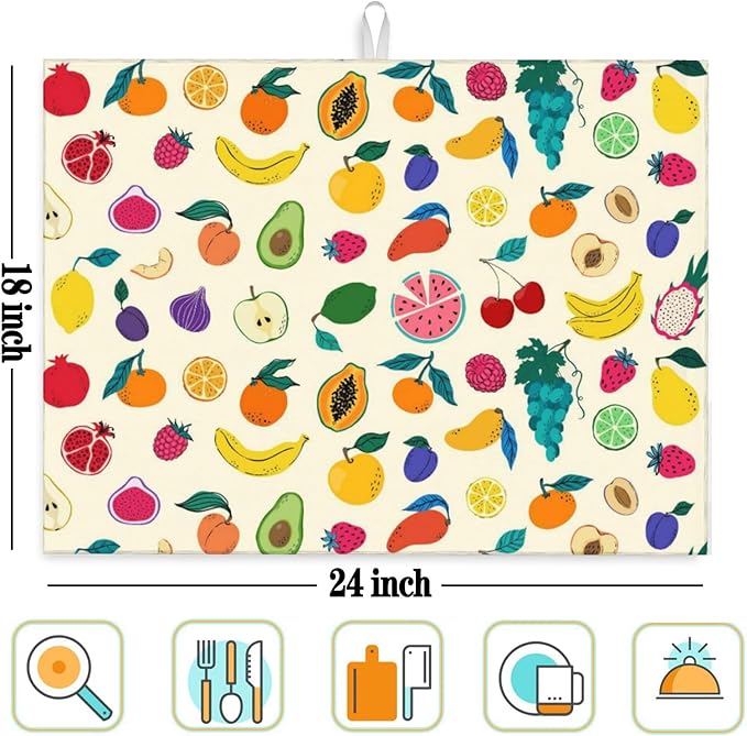 Fruit Theme Kitchen Dish Drying Mat for Counter, Dish Draining Mat Microfiber Absorbent Reusable Washable Extra Large 18"x24" (fruit, 18"x24")