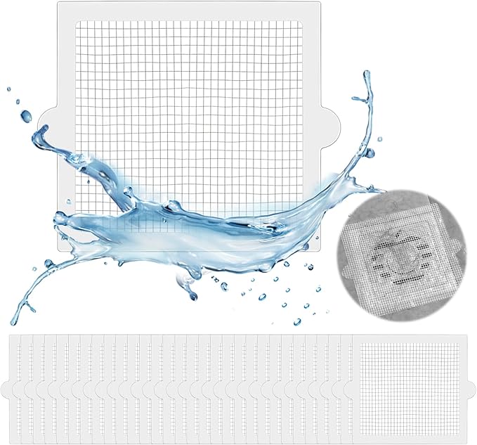 30PCS Disposable Shower Drain Hair Catcher, 4.13Inches Square Mesh Stickers, Hair Trap for Shower Drain, Adhesive Hair Stopper for Bathroom Tub Kitchen Sink, Glass Fiber Drain Filter