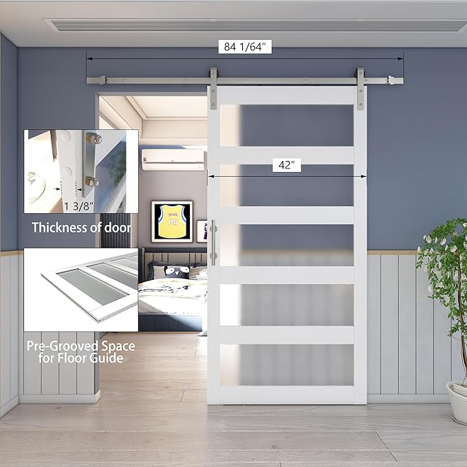 BARNSMITH 42in x 84in Glass Barn Door with 7FT Brushed Nickle Sliding Door Hardware Kit Included & Handle,5-Panel Frosted Glass Solid Wood Water-Proof PVC Surface,Pre-Drilled Easy Assembly,White
