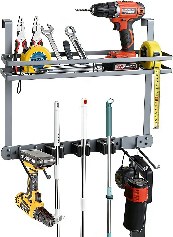 Broom Holder Door Mount,Door Mounted Broom and Mop Holder with Dual Tool Hooks, Three Slots, and One Tool Storage Basket For Laundry Room, Garage, Closet, warehouse, Kitchen Decor (grey)