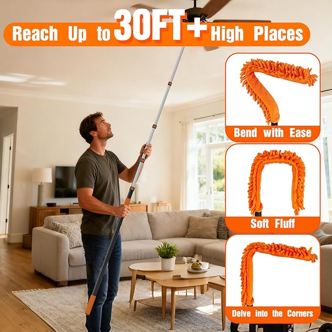 30FT Reach Duster Cleaner Kit, Dusters for Cleaning with Extension Pole, Baseboard & Wall and Window Cleaner Mop for Fan Blades, High Ceiling and Cobweb