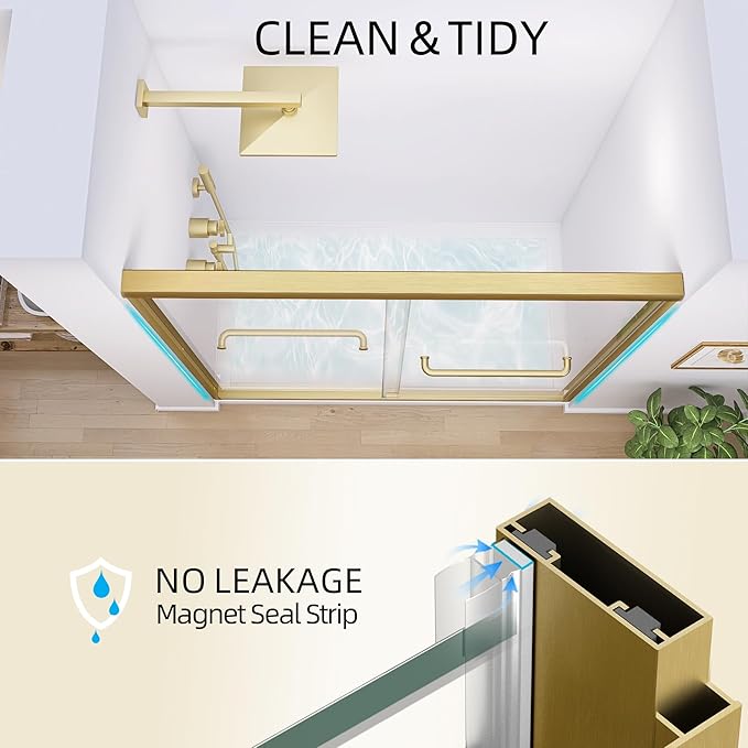 GETPRO Shower Door 44-48 in. W x 75 in. H Semi-Frameless Double Sliding Glass Shower Doors, Bypass Glass Door for Walk-in Shower with 5/16 inch Tempered Glass Brushed Gold