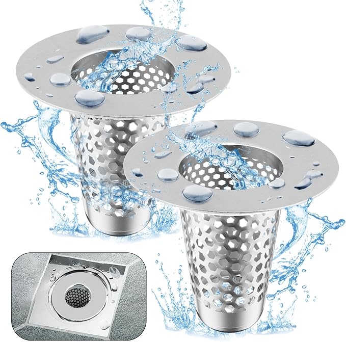 2Pack Bathroom Sink Drain Strainer, Reusable Sink Strainer Bath Tub Hair Catcher, Stainless Steel Cone Shaped Floor Drain Replacement Fit Hole Size 1.2"-1.6"
