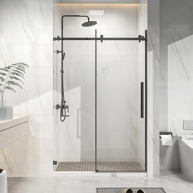 Frameless Shower Door 48" W x 72" H, 1/4" Clear Tempered Glass, Sliding Design, Reversible Installation, Matte Black Finish, Space-Saving Glass Shower Door for Small Bathrooms