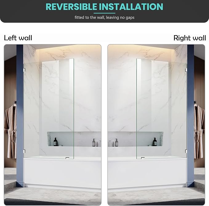 34" W x 58" H Frameless Single Fixed Bath Panel, Fixed Bathtub Screen with Clamps, 1/4" Clear Glass, Bathroom Shower Door Screen Fixed Tub Shower Glass Door Panel, Silver
