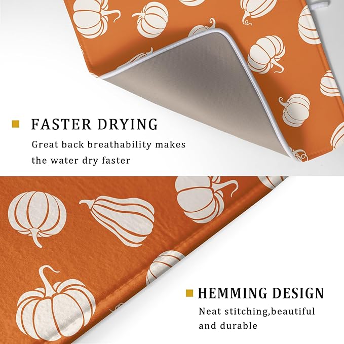 Fall Dish Drying Mat for Kitchen Counter Autumn White Pumpkins Festival Microfiber Absorbent Dish Draining Reusable Washable Foldable Extra Large 18"x24"