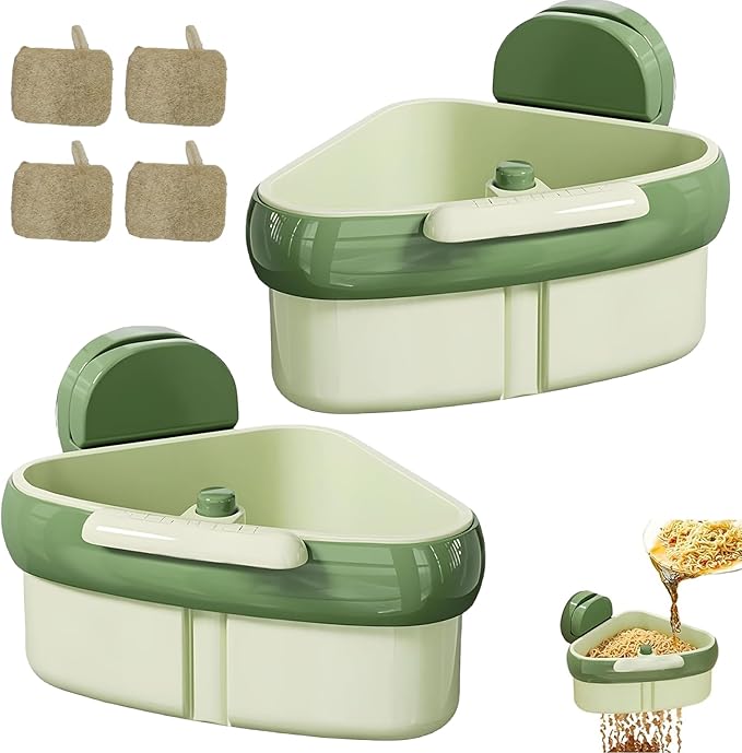 2PCS 2025 Upgraded Sink Corner Dish Rack with Suction Cups, Automatic Dumping Strainer Basket, Sponge Storage & Food Waste Catcher, Multi-Functional Kitchen Organizer