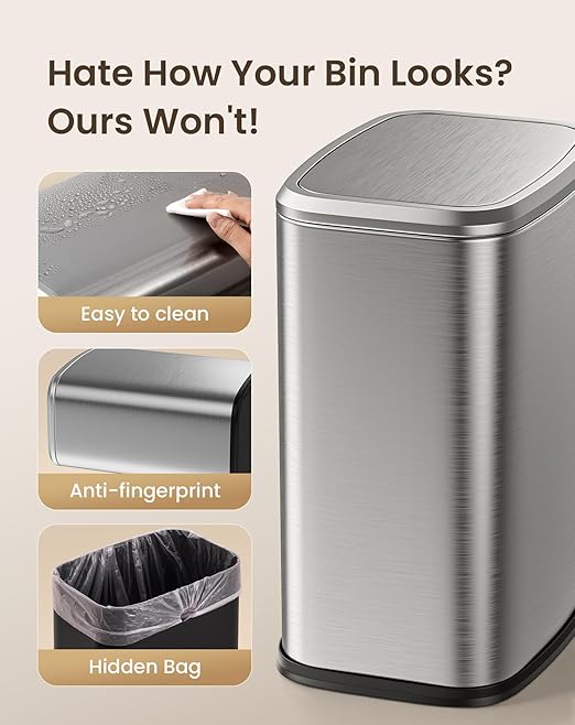 Cesun Small Bathroom Trash Can with Swing-Top Lid,8L/2.1 Gallon Stainless Steel Garbage Can with Removable Inner Bucket, Slim Waste Basket for Home, Office, Toilet, Bedroom, Living-Room (Silver)