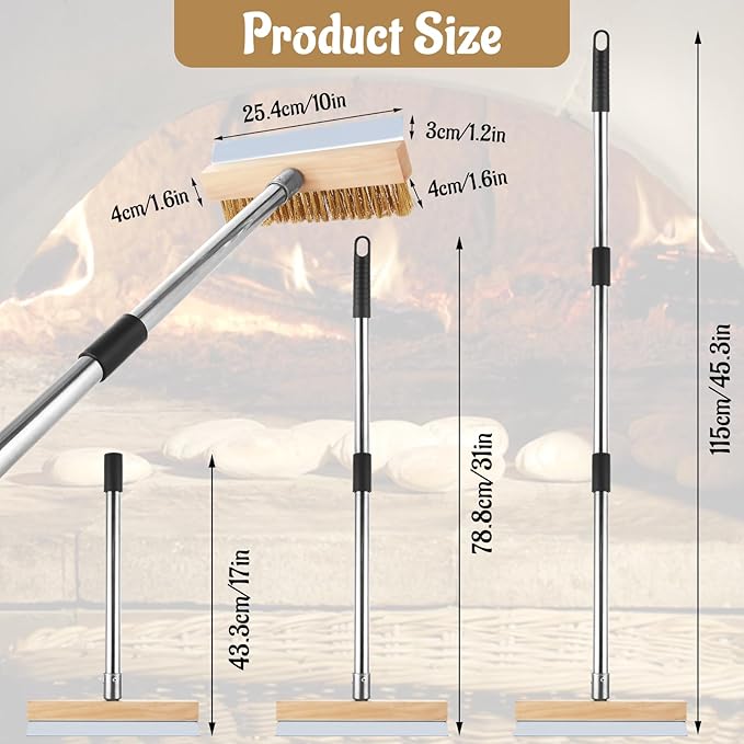 1 Pcs Adjustable Pizza Oven Brush with Scraper, Brass Bristles Pizza Stone Brush with Detachable Handle, Pizza Oven Accessories for Cleaning Pizza Oven