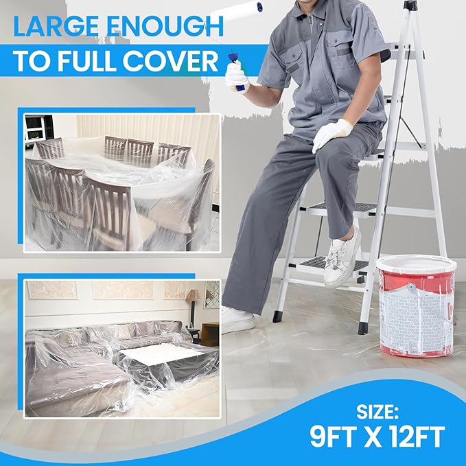 Dirt Defence Plastic Drop Cloth, 9x12 Ft Plastic Sheeting for Painting, Waterproof & Dust-Proof,Tear-Resistance Plastic Tarp for Painting, Floor, Furniture Cover Thick & Durable (6 PCS)