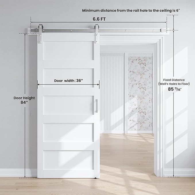 SmartStandard 36x84 inch White Barn Door with 6.6FT Brushed Nickel Sliding Door Hardware Track Kit Included, Solid MDF Slab, Waterproof PVC Surface, 5-Panel, Suitable for Openings up to 34in x 82in