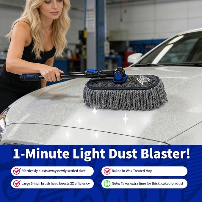 Flash Dog Car Duster Exterior Scratch Free Aluminum Alloy Exterior Handle and Microfiber Hair Waterless Cleaning Brush for Cars, Trucks, SUVs Portable Car Duster