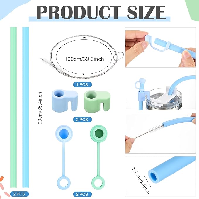 Baderke 2 Set Extra Long 35" Reusable Silicone Straws Compatible with Stanley 40 oz Tumbler Large Water Wine Bottle Flexible Drinking Straws & Cleaning Brushes Tumbler Accessories (Blue)