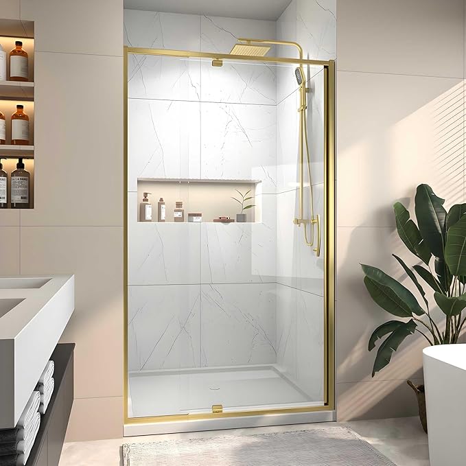 Pivot Glass Shower Door, 38-42" W x 71" H, 1/4"(6mm) Clear SGCC Tempered Glass, Brushed Gold Finish, Magnetic Closure, Reversible Installation