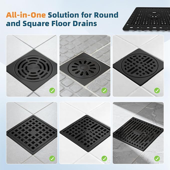 Hibbent 2 Pack Shower Drain Hair Catcher, Shower Drain Cover for Bathroom Floor 6" Drain, Anti-Clogging Bathtub Drain Strainer, Stainless Steel Kitchen Sink Drain Strainer with Handle, Matte Black