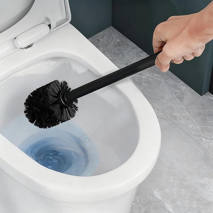 Toilet Brush and Holder Set, 2 PCS Decorative Toilet Bowl Brush and Holder Set Bathroom Aceessories Toilet Scrubber Brush Set with Heavy-Weight Resin Base with Long Handle (Black)
